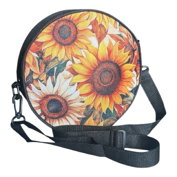 Sunflower Round Canteen Style Crossbody Bag Backpack Black Yellow Orange New - Picture 2 of 12